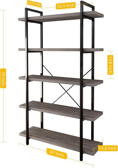 45MinST 5-Tier Vintage Industrial Style Bookcase/Metal and Wood Bookshelf Furniture for Collection, Gray Oak, 3/4/5 Tier (5-Tier)
