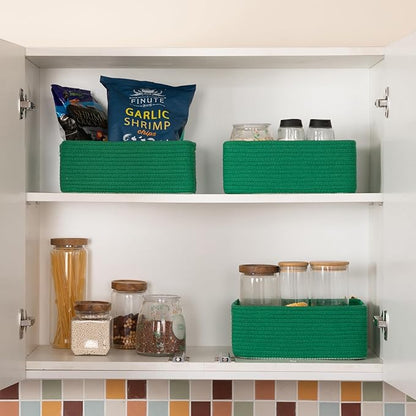 3 Pack Small Storage Baskets for Organizing, Cute Woven Decorative Gift Baskets for Shelves, Mini Closet Organizer Bins with Handles, 11.81''Lx7.87''Wx4.72''H-Green