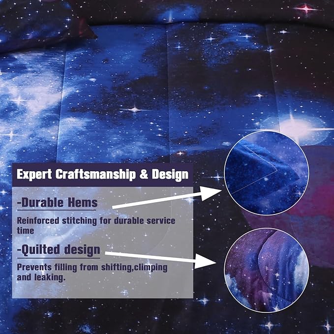 JQinHome Queen Galaxy Comforter Sets 6 Piece Bed in A Bag, Outer Space Themed Bedding for Children Boy Girl Teen Kids - (1 Comforter, 1 Flat Sheet, 1 Fitted Sheet, 2 Pillowshams, 1 Cushion Cover)