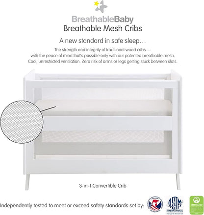 BreathableBaby Breathable Mesh 3-in-1 Convertible Crib (Toddler Bed Kit Sold Separately) — White — Two Adjustable Mattress Heights — Greenguard Gold Certified