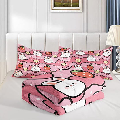 Kawaii Rabbit Comforter,Strawberry Rabbit Comforter Set for Kids Teens Girls,3Pcs Bedding Set Printed Comforter with 2 Pillowcases,Down Alternative,Soft and Lightweight(Pink，Queen Size)