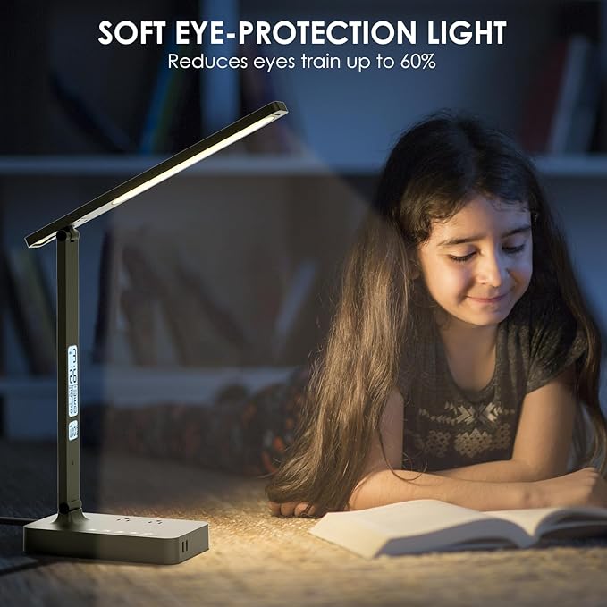 Desk Lamp with USB Charging Port: LED Eye-Caring Smart Table light for Home Office - 1 Type-C, 1 USB-A Charging Port, 2 AC Power Outlets.