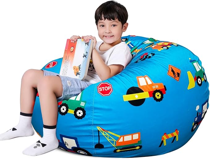Lukeight Stuffed Animal Storage Bean Bag Chair Cover for Kids, Zipper Beanbag Chair Cover for Organizing Toddler & Kids' Rooms Plush Toys (Construction Velvet, XX-Large)