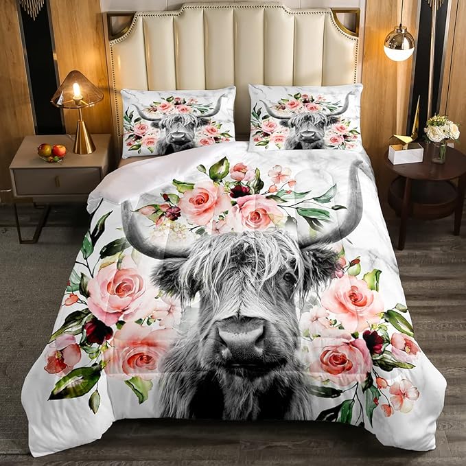 Erosebridal Highland Cow Flower Comforter Set Full Size Bull Cattle Western Funny Animal Bedding Set Wildlife Farmhouse Cow Quilt Set Rose Grey Marble