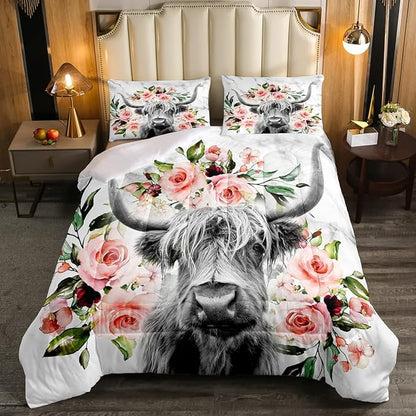 Erosebridal Highland Cow Flower Comforter Set Full Size Bull Cattle Western Funny Animal Bedding Set Wildlife Farmhouse Cow Quilt Set Rose Grey Marble