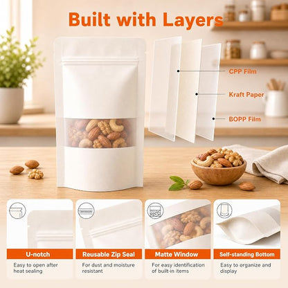 100 Pcs White Kraft Paper Bags with Window, 4" x 6" Stand Up Pouches Bags, Food Storage Bags for Packaging Products, Reusable, Sealable