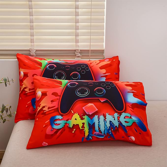 Aimuan Gaming Comforter Sets for Boys Kids Bedding Sets Video Games Console Action Buttons Novelty Colorful Game Gamepad Controller Modern Gamer Room Decor Home Quilt Set (Full, Red)