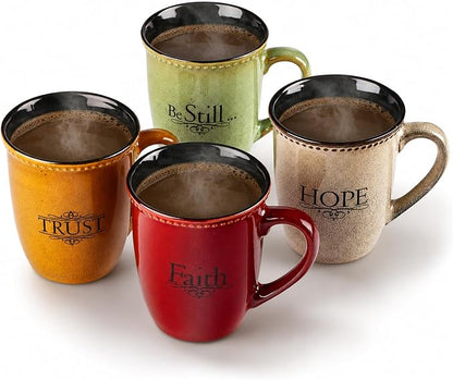 Christian Art Gifts Set of Four Rustic Stoneware Coffee/Tea Mugs w/Bible Verses Sage Green, Ivory, Paprika Red, Pumpkin Orange Inspirational Coffee/Tea Cup for Men and Women