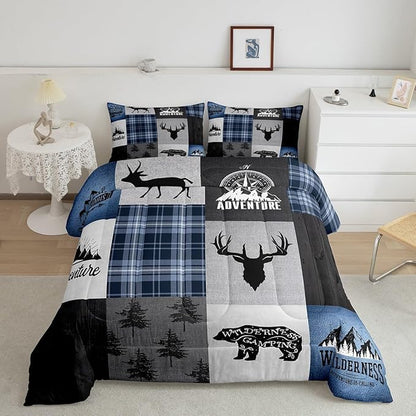 Deer Antler Bear Kids Comforter Set Full Size,Hunting Adventure Bedding Set for Boys Girls Adults Room Decor,Geometric Plaids Patchwork Down Comforter,Rustic Farmhouse Duvet Insert,2 Pillowcases