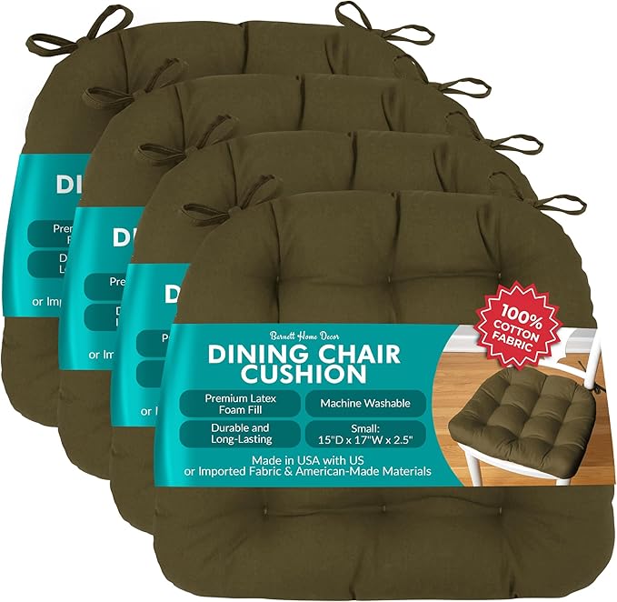 Barnett Home Decor Chair Cushions for Dining Chairs - 15x17 Kitchen Chair Cushions - Machine Washable, 100% Cotton, Made in USA - Latex Foam - Cotton Duck Boxwood Green Small Pack of 4