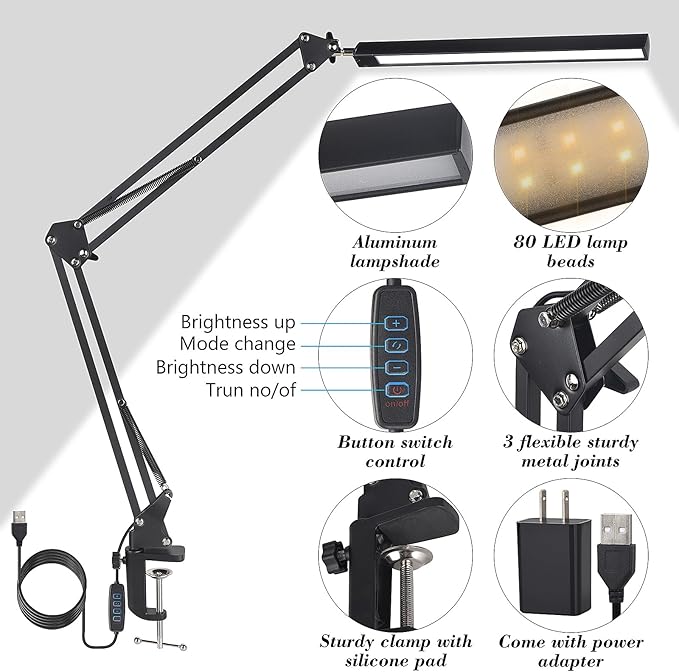 Modern LED Desk Lamp with Adjustable Brightness and Color Temperature, Eye-Caring, Architect Desk Lamp for Office, Home, Reading, Drawing
