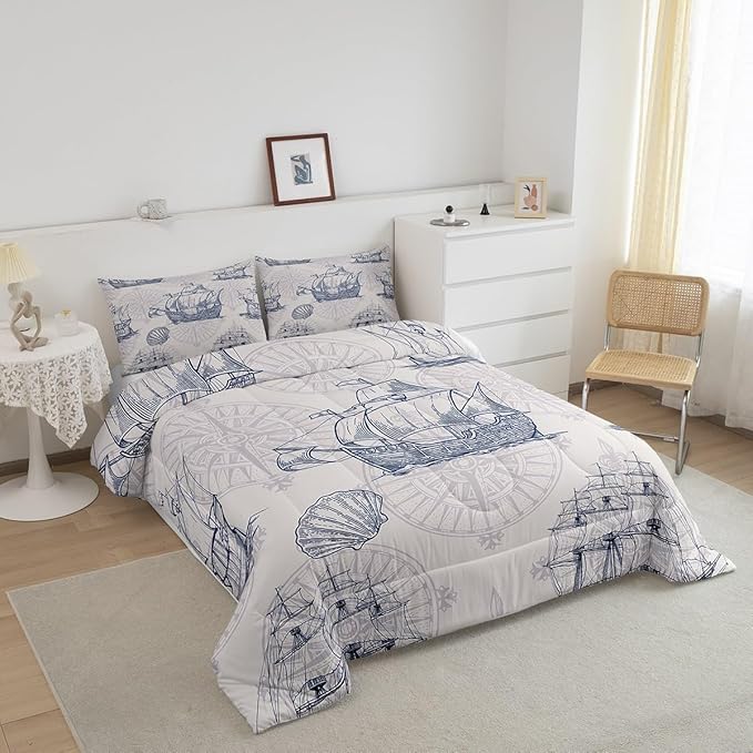 Nautical Comforter Set Sailboat Down Comforter Full,Blue White Vintage Style Quilted Duvet Set Luxury Anchor Crab Pattern Bedding Insert Set for Kids, Adult Teen Boys Girls Bedroom Ocean Beach Decor