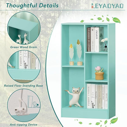 LEYAOYAO 5 Cube Bookshelf with Base,3 Tier Modern Mint-Green Kids Bookcase,Standing Wide Bookshelves Storage Organizer Toy Shelf,Wood Display Children's Book Shelves for Bedroom,Living Room,Nursery