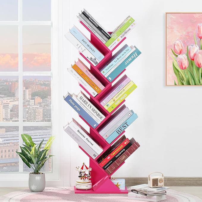 10 Tier Tree Book Shelf, Floor Standing Wood Bookshelf for Narrow Space, Storage Organizer Bookshelves for Books/CDs/Magazine, Bookcase with Shelves for Home Office, Living Room - Pink