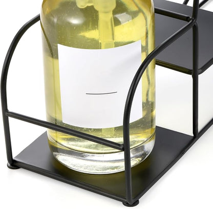 Noamus 4-Tier Syrup Bottle Holder, Iron 4 Compartment Bottle Organizer Rack, 16" Countertop Display Storage Shelf Bottle Stand, Metal Coffee Bar Organizer for Dressing, Wine, Juice, Kitchen, Black