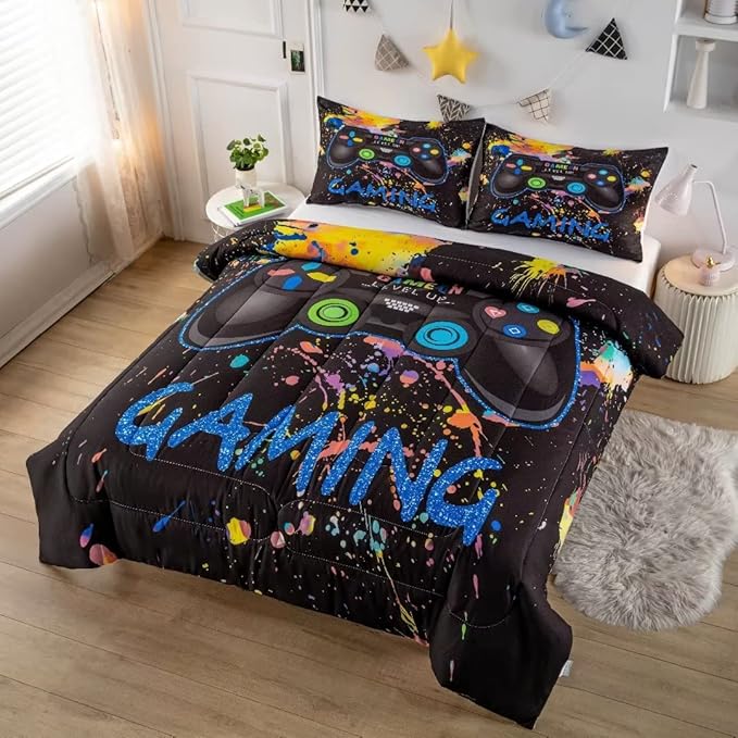 Gamer Comforter Sets for Teen Boys,Gaming Bedding Sets Queen,Video Game Bedspread,Game Gamepad Bed Set,Controller Bedding Gamer Home Decor 3 Piece 1 Comforter and 2 Pillowcases