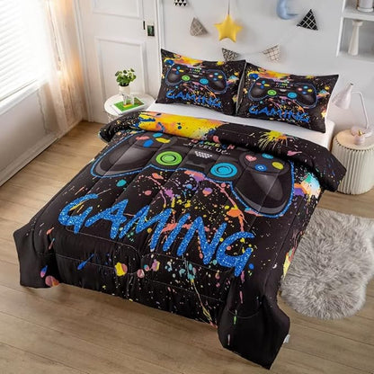 Gamer Comforter Sets for Teen Boys,Gaming Bedding Sets Full,Video Game Bedspread,Game Gamepad Bed Set,Controller Bedding Gamer Home Decor 3 Piece 1 Comforter and 2 Pillowcases