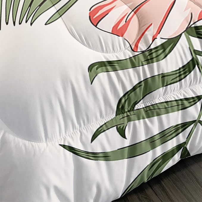 Flamingo Comforter Set Queen Size Tropical Flamingo Palm Tree Leaf Pattern Bedding Set Flower Quilted Duvet for Kids Girls Boys Adult with 1 Comforter and 2 Pillowcases