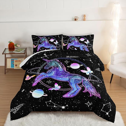 HOSIMA Unicorn Bedding Sets for Girls Kids,Butterfly Star Empty Galaxy Comforter,Unicorn Bedroom Decor for Girls Boys,Soft Microfiber Black King Size Comforter Set,Butterfly Crib Bedding Set.