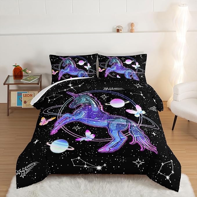 HOSIMA Unicorn Bedding Sets for Girls Kids,Butterfly Star Empty Galaxy Comforter,Unicorn Bedroom Decor for Girls Boys,Soft Microfiber Black Queen Comforter Set,Butterfly Crib Bedding Set.