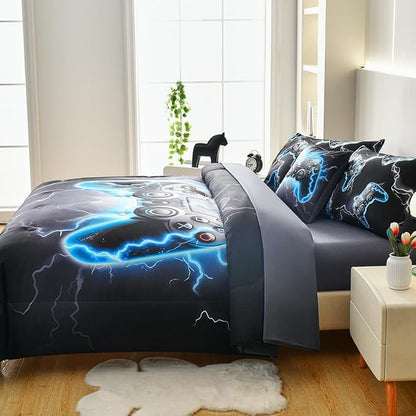 Game Console Full Comforter Set with Sheets, Microfiber 6 Pcs Bed in A Bag Full Size Gamer Bedding Set for Boys Kids Teens