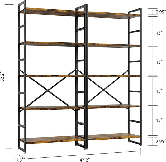 Shintenchi 2 Pieces 5 Tiers Bookshelf, Classically Tall Bookcase Shelf, Industrial Book Rack, Modern Book Holder in Bedroom/Living Room/Home/Office, Storage Rack Shelves for Books/movies-Rustic Brown