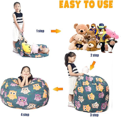 Stuffed Animal Storage Bean Bag Chair Cover, Hold Kids Plush Toys Blankets Towels Beanbag (Cover Only), Canvas Floor Circle Stuff Sit Seat Sofa with YKK Zipper, Large 32", Owl