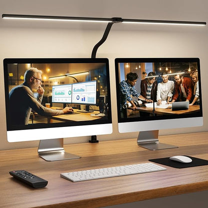 LED Desk Lamp for Home Office, Remote Control Computer Desk Light Bright Table Lamp for Study Dimmable Desk Lighting with Clamp Adjustable Gooseneck, Double Head, 24W, Black
