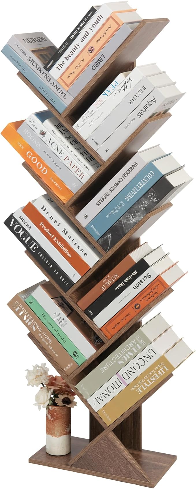 Labcosi 8 Tier Tree Bookshelf, Floor Standing Wood Tree Bookcase, Tall Book Storage Rack for Books/CDs, Book Organizer Shelves for Home Office, Bedroom, Living Room