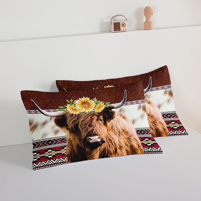 HOSIMA Highland Cow Decor Comforter with 2 Pillowcases,Animal Theme Western Bedding Sets,Brown Cowhide Black White Cow Print Comforter Set for Adults Kids,Sunflower King Size Comforter.
