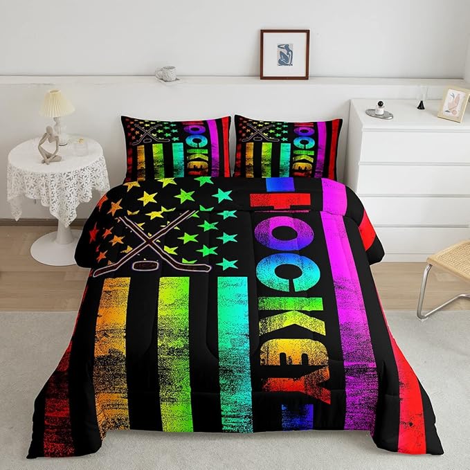 Erosebridal Boys Ice Hockey Bedding Set Queen Neon Rainbow American Flag Comforter Set For Kids Teen,Winter Sports Games Bed Comforter Set Retro Colorful Stripes Stars Quilt Duvet 2 Pillow Cases Black