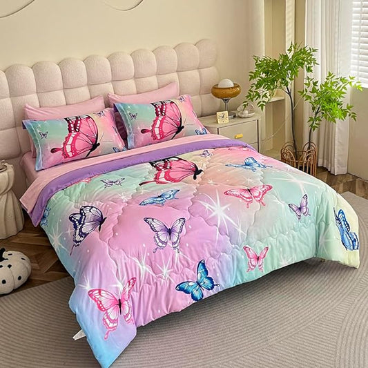 Girls Butterfly Comforter Set Bed in A Bag Full Size 7 Piece 3D Purple Bedding Comforter Bed Set with Pillow Shams, Flat Sheet, Fitted Sheet, Pillowcases All Season