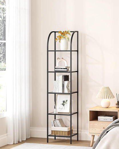 Bookcase Bookshelf, Tempered Glass Arched Bookshelf for More Storage, Slim Shelving Unit for Bedroom, Bathroom, Home Office, Steel Frame, 5 Tier Black BC20599B