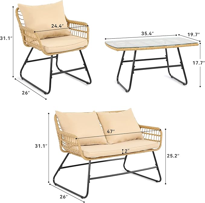 YITAHOME 4-Piece Patio Furniture Wicker Outdoor Bistro Set, All-Weather Rattan Conversation Loveseat Chairs for Backyard, Balcony and Deck with Soft Cushions and Metal Table (Light Brown+Beige)