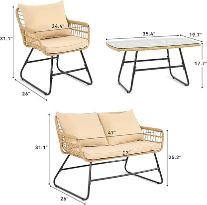 YITAHOME Patio Furniture Wicker Outdoor Bistro Set, 4-Piece All Weather Patio Furniture Rattan Conversation Loveseat Sets for Backyard, Balcony and Deck, Light Brown+Beige