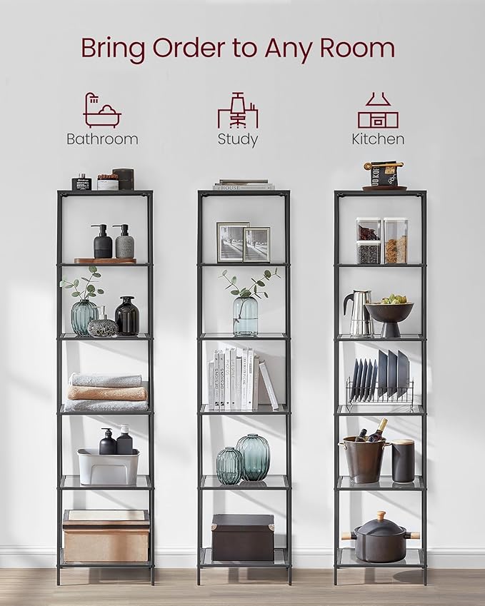 VASAGLE Bookcase, 6-Tier Bookshelf, Slim Shelving Unit for Bedroom, Bathroom, Home Office, Tempered Glass, Steel Frame, Ink Black and Slate Gray ULGT500G01