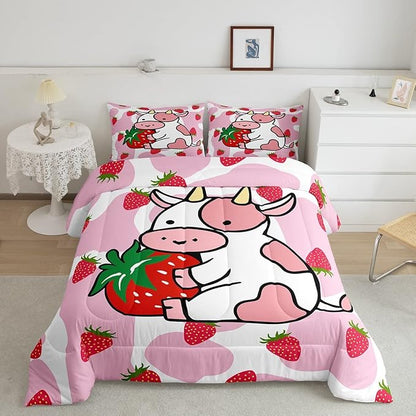 Feelyou Milk Cow Comforter Pink White Cow Strawberry Pattern Comforter Set Bedding Set for Kids Adults Kawaii Girls Milk Cow Print Duvet Set Ultra Soft Room Decor Twin Size Quilt Set