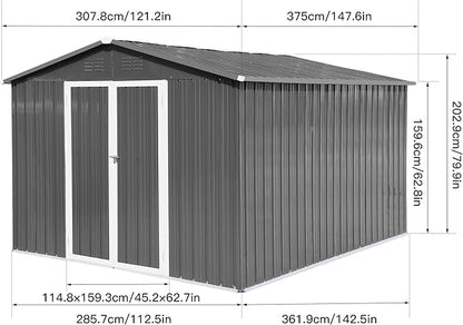 10x12 FT Metal Outdoor Storage Shed & Double Hinged Large Door - Heavy-Duty Shed with Floor, Lockable & Ventilation - Rainproof Windproof Large Utility Garden Shed for Backyard Patio Lawn - Light Gray