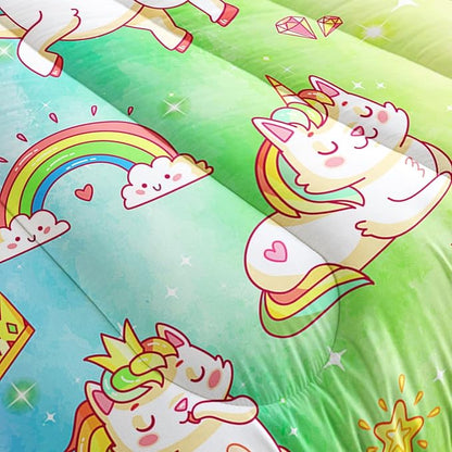 Datura home Kids Unicorn Comforter Set for Girls Boys,Kawaii Rainbow Unicorn Printed Pattern Rainbow Kawaii Bedding Set with 2 Pillowcases(Rainbow Unicorn Queen)
