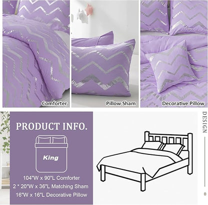 Purple/Silver Comforter Set King, Lavender Metallic Print Glitter Bedding Set Cute Shinny Lilac Bed Sets for Teen Girls Kids Women, 4 Piece (2 Pillowcases, 1 Decorative Pillow Sham)