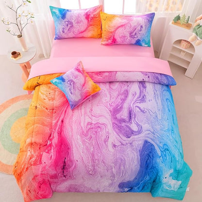 Girls Twin Bedding Sets, 6 Pcs Pink Twin Szie Comforter Set with Sheets, Watercolor Marble Abstract Art Superior Bedding Set for Girls Kids