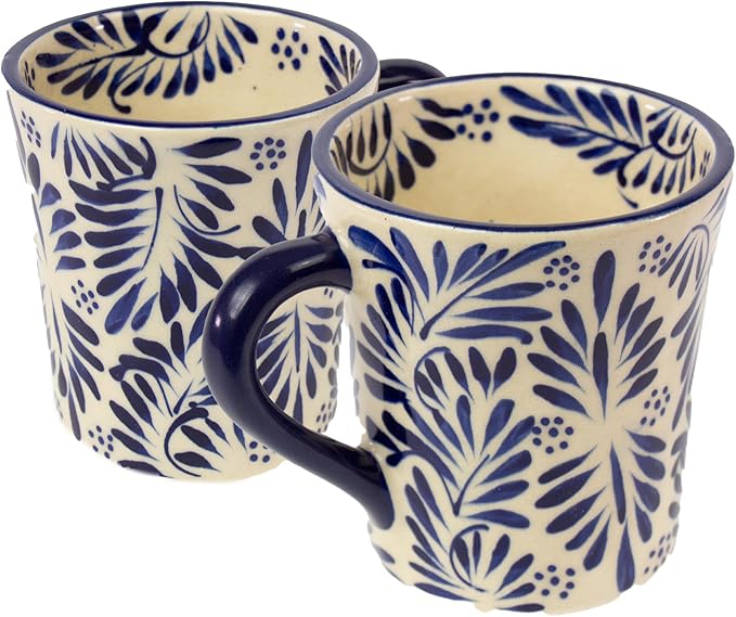 Encantada Handmade Hand-Painted Authentic Mexican Pottery Mugs (2-Pack, Blue Plumeado)