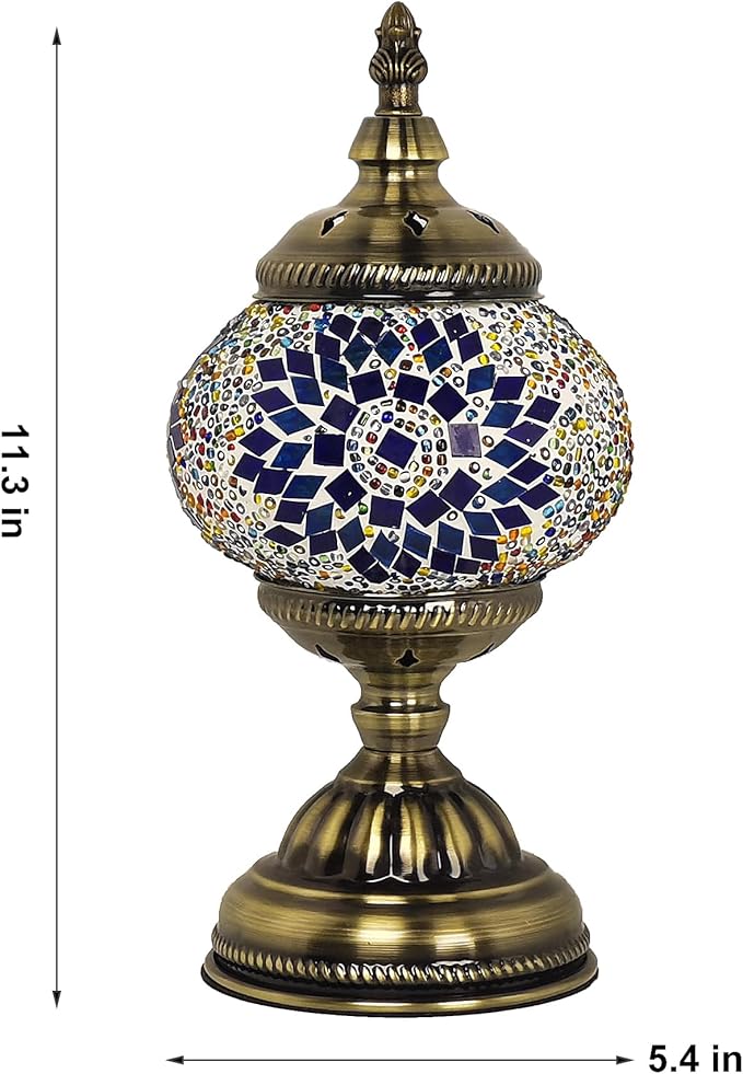 Turkish Moroccan Lamp Mosaic Stained Glass Lamp Bohemian Tiffany Style Bedside Lamps (Blue Multi-colored)