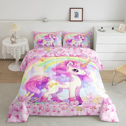 Cartoon Unicorn Kids Comforter Set Queen Size,Sakura Cherry Blossom Japanese Bedding Set,Girls Women Room Decor,Rainbow Unicorn Cute Down Comforter,Pink Purple Romantic Duvet Insert,2 Pillowcases