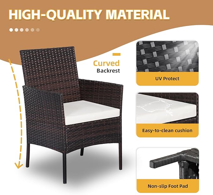 Patio Furniture Set 3 Pieces All-Weather Rattan Outdoor Furniture Patio Chairs with Tempered Glass Table for Porch Bistro Balcony Bistro Set(Brown/Beige-2)