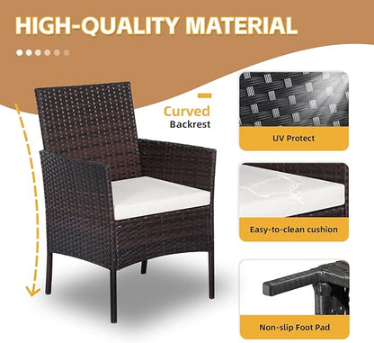 Patio Furniture Set 3 Pieces All-Weather Rattan Outdoor Furniture Patio Chairs with Tempered Glass Table for Porch Bistro Balcony Bistro Set(Brown/Beige-2)