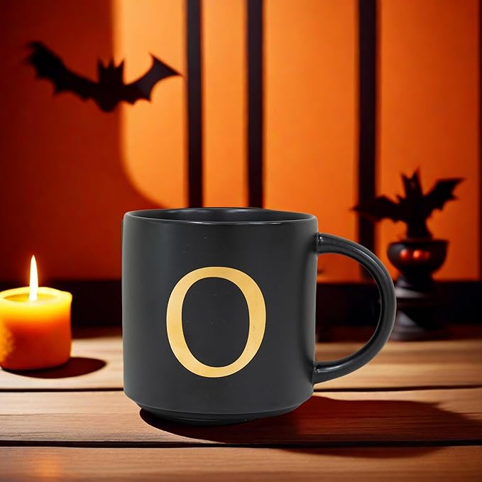 COLLECTIVE HOME - Monogram Ceramic Mugs, 15 oz Golden Initial Black Coffee Cups, Elegant Alphabet Tea Mugs, Elegant Personalized Mug with Gift Box, Unique Mug with Double Side Capital Lette (O)