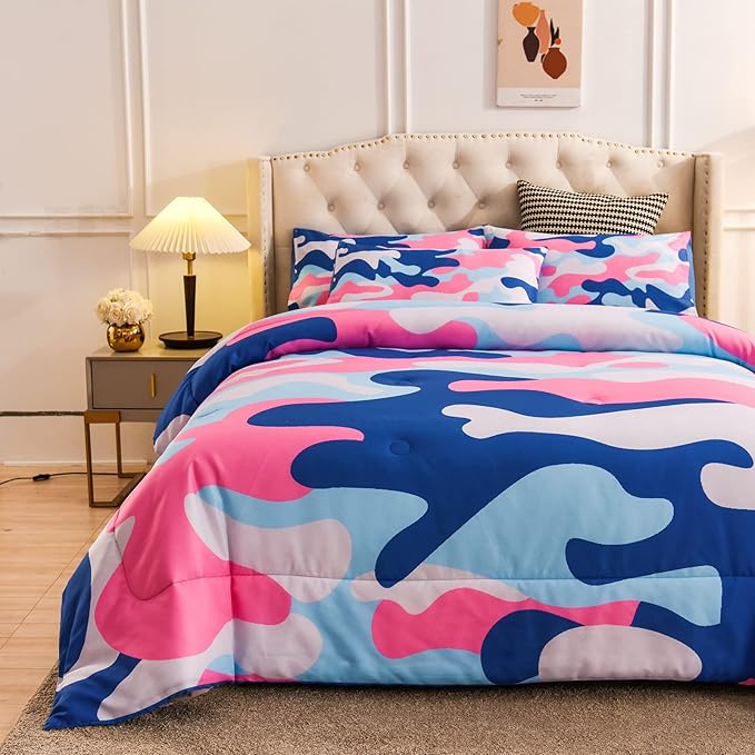 Meeting Story Camouflage Bedding Set, Colorful Pattern Style Queen Camouflage Comforter Set, 3 PCS 1 Comforter and 2 Pillowcases in 1 Bag, All Season Bedspread for Kids Teens Adults (Blue, Queen)