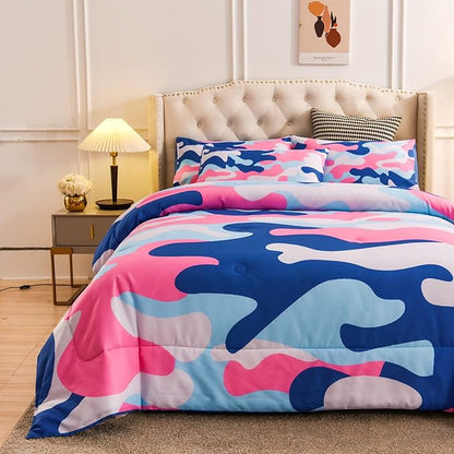 Meeting Story Camouflage Bedding Set, Colorful Pattern Style Twin Camouflage Comforter Set, 3 PCS 1 Comforter and 2 Pillowcases in One Bag, All Season Bedspread for Kids Teens Adults (Blue, Twin)