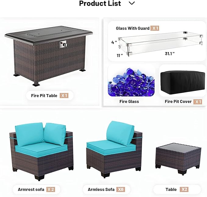 Kullavik 15 Pieces Outdoor Patio Furniture Set with 43" Gas Propane Fire Pit Table PE Wicker Rattan Sectional Sofa Patio Conversation Sets,Blue Cushions